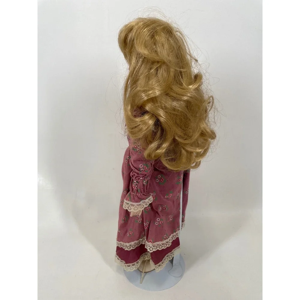Vintage Porcelain Doll Blonde Hair Victorian Floral Lace Mauve Dress with Stand